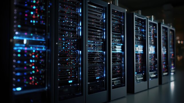 Data center racks are continuously working, storing and processing vast amounts of digital information for global cloud computing and information technology networks