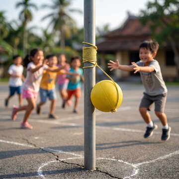 A tetherball wrapping around a metal pole on an asphalt playground, with children reaching out in the blurred background, highlighting youthful recreation 1:1 ratio...