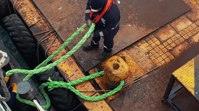 High angle view of sailor throwing mooring rope to dock worker during ferry docking in Istanbul slow motion