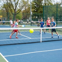 Obraz premium A bright yellow pickleball flying over a net on a dedicated outdoor pickleball court, with children playing in the blurred background, highlighting youthful recreation 1:1 ratio...