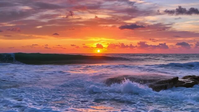 Slow motion pan of ocean waves crashing over rocky shoreline at sunrise with colorful sky and breaking surf