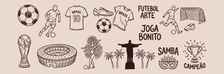 Fototapeta premium Brazil Soccer Samba Hand Drawn Doodle Set