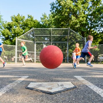 A red kickball soaring over home plate on a neighborhood park court, with children running the bases in the blurred background, highlighting youthful recreation 1:1 ratio...