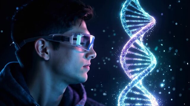 Young biologist wearing futuristic augmented reality glasses to analyze a rotating digital DNA helix, representing a breakthrough in genetic engineering, medical research, and biotechnology