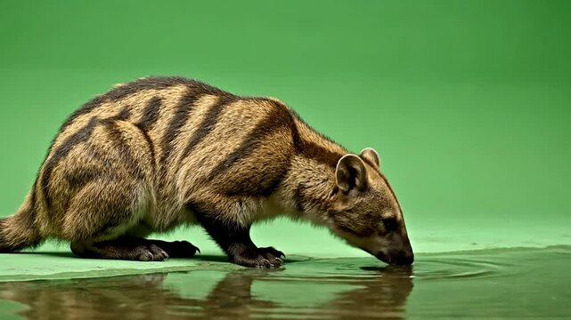 Close-Up View of a Tapir Drinking from Reflective Surface on Vibrant Green Screen Background