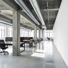 Naklejka premium Open-plan office with concrete columns, industrial ducts, and workstations