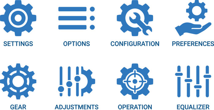 Comprehensive collection of gear and setting icons for software configuration and user interface control panel adjustments.