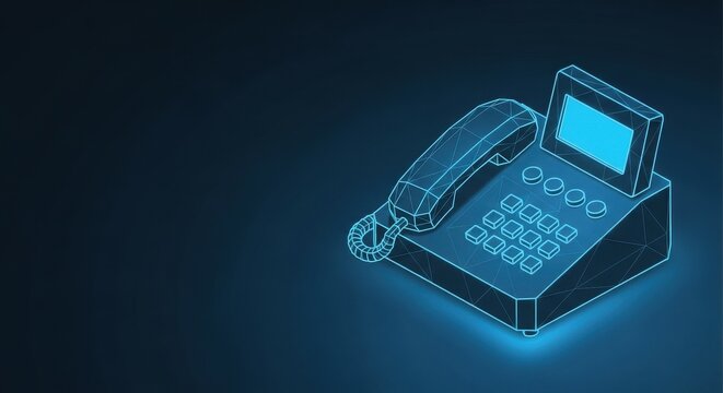 Illuminated Wireframe Telephone Device on a Dark Blue Digital Background