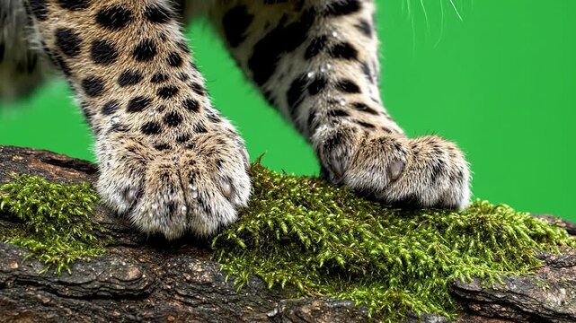 Close-Up View Of Leopard Paws On Mossy Log, Isolated On Vibrant Green Screen Background For Stunning Wildlife Visuals