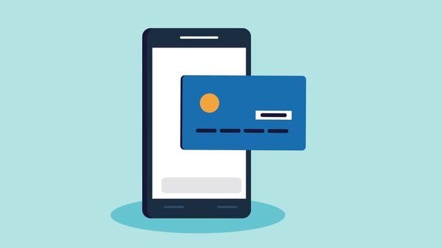 Flat design animation showing mobile banking and credit card payment processing on smartphone screen with light blue background.