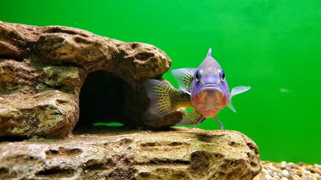 Colorful Freshwater Cichlid Fish Swimming Near Rock Cave in Vibrant Green Aquarium Habitat