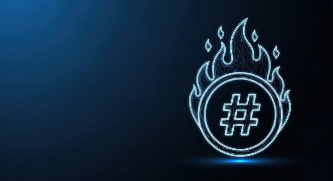 Glowing Neon Hashtag Symbol on Fire with Digital Wireframe Outline on Dark Blue Gradient Background