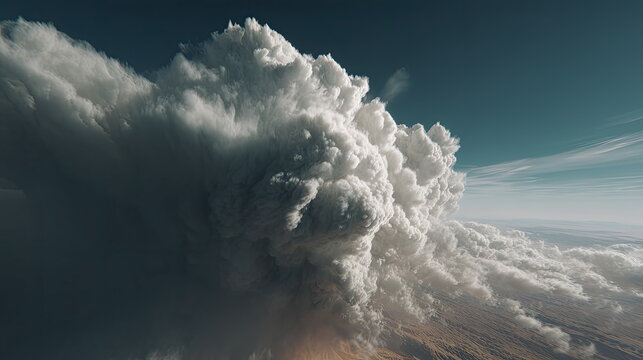 Massive column of smoke and ash rising from an active volcano, creating a towering, dramatic cloud against a deep blue sky above an arid, vast terrain