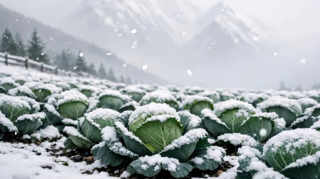 Wintery agricultural landscape showing a field of green cabbages covered by the first snow of the season with a majestic mountain range and pine forest in the background on a cold, foggy day