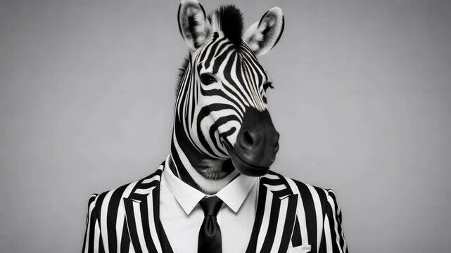 Surreal black and white composition showing a well dressed man with a zebra head, wearing a matching striped suit, moving his head in a sophisticated and stylish manner in a studio