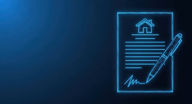 Neon blue outline of a real estate contract document with house and signature on dark background, representing property sale agreement