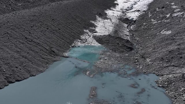 Aerial flyover over the glacial tongue of Glacier de Cheilon with a pan up view from the glacial lake, crevasses and moraines to the mountain peaks of the Swiss Alps