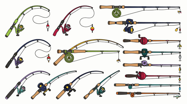 Colorful hand-drawn vector illustration of various fishing rods with reels, floats and lures on a white background, illustrating outdoor sports equipment and symbolizing hobby and leisure activities