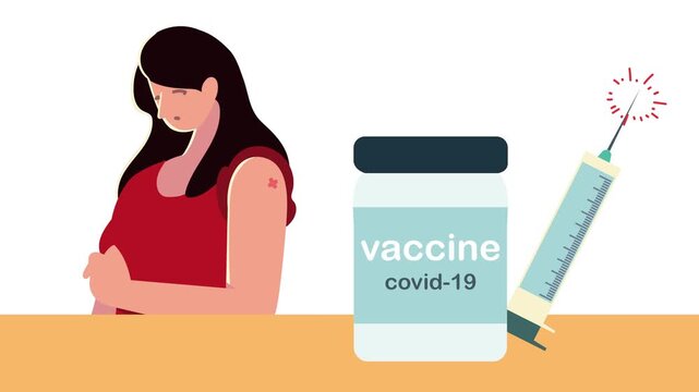 Pregnant woman experiencing side effects after receiving covid vaccine dose on animation background.