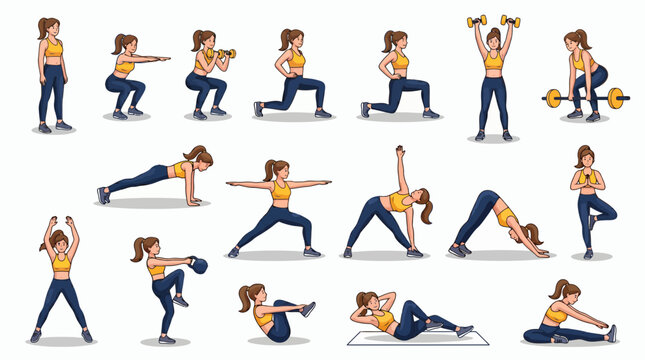 Illustrated women in athletic wear performing diverse fitness exercises, yoga poses and strength training, illustrating healthy lifestyle concepts and comprehensive workout routines