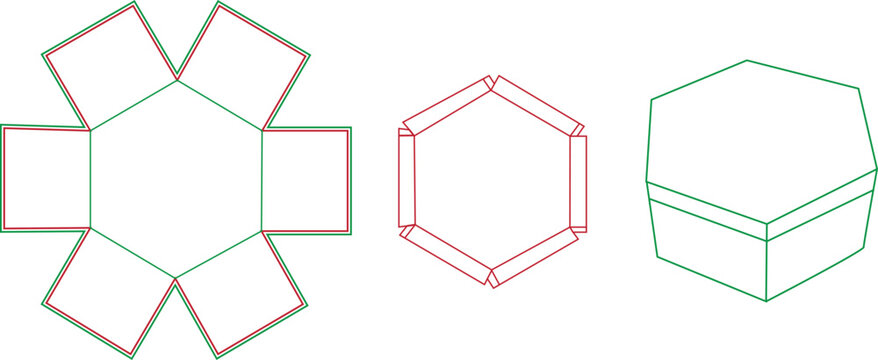 Hexagonal gift box packaging dieline template with 3D mockup and fold lines