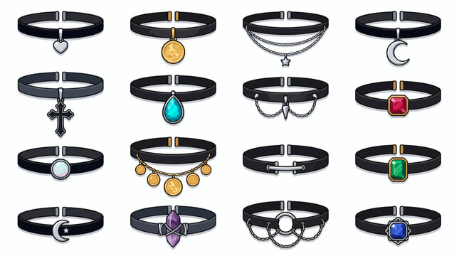 A collection of 16 various black choker necklaces with diverse pendants and designs, cartoon style, focused on fashion accessories and jewelry e-commerce