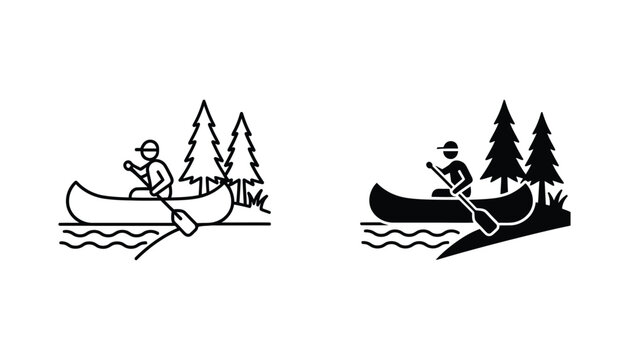 Person canoeing in a river with pine trees vector icon set in outline and solid black silhouette styles for outdoor adventure and travel