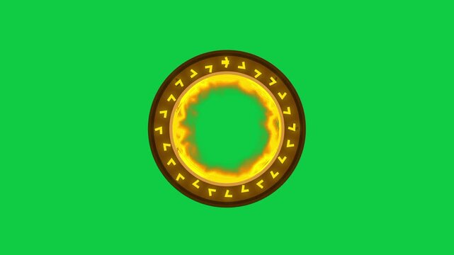 A green background icon featuring a glowing ancient circular portal or mystical gateway with ornate golden ring design representing a magical dimensional entrance or relic