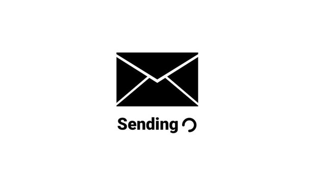 A white background icon showing an envelope with a sending status label and loading indicator representing an email being sent or a message currently in the process of transmitting