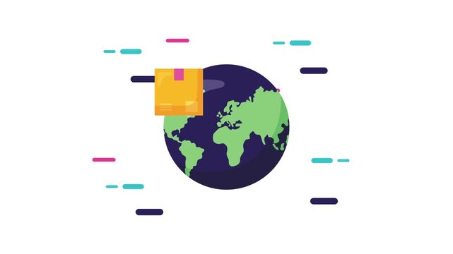 Shipping box animation orbiting earth globe in a continuous loop for global delivery and logistics concept.