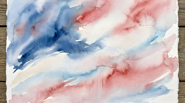 Soft watercolor wash in patriotic shades of red blue and white on deckle edge paper offers elegant artistic background for holiday greetings or invitation cards.