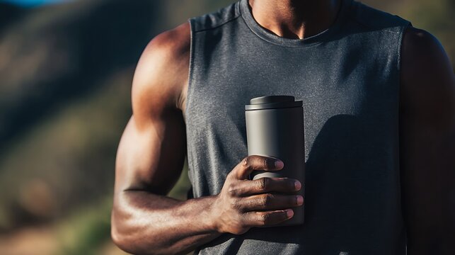 Healthy Runner Hydrating During Run with Metal Cup
