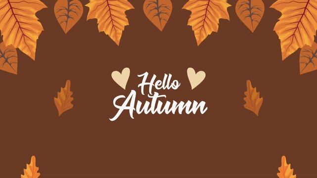 Animated autumn leaves falling on brown background with text hello autumn.