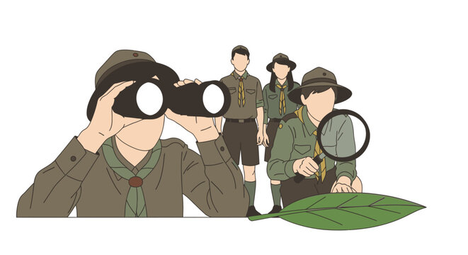 Boy Scouts Group Exploring Nature with Binoculars and Magnifier
