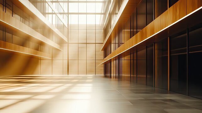 Contemporary architectural design featuring an expansive modern building interior filled with warm sunlight shining on wooden panels and sleek glass partitions, creating a bright and open atmosphere