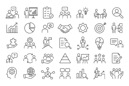 Teamwork and Collaboration Line Icon Set with Groups, Meetings, and Leadership Symbols