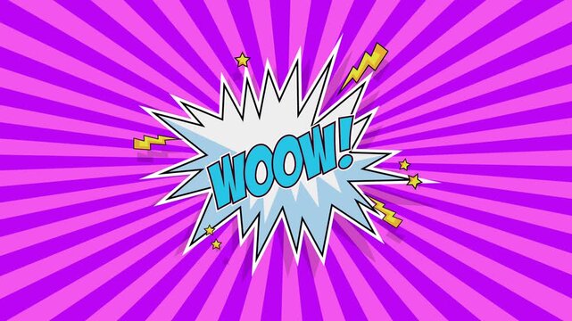 Woow comic speech bubble on pink sunburst background with dynamic motion and cartoon explosion elements.