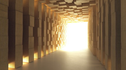 Fototapeta premium Geometric tunnel featuring textured block walls and ceiling, converging towards a distant, brilliant light, symbolizing hope, opportunity, and the journey ahead
