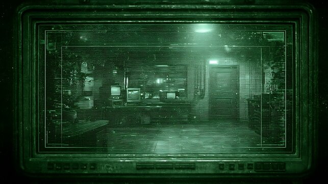Night vision surveillance camera view of a dark interior security room