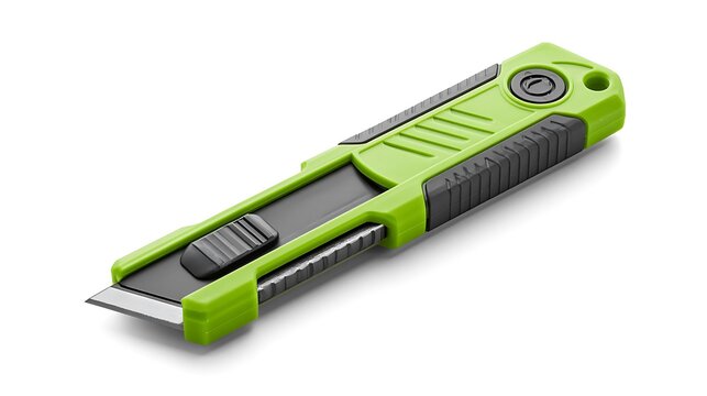 Green utility knife with retractable blade isolated on white background