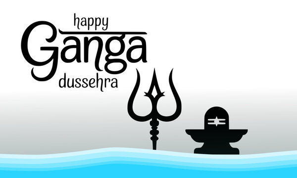 Creative Happy Ganga Dussehra festival greeting featuring black typography with religious symbols of Lord Shiva's Trishula and Shivling icon over blue water waves for Hindu celebration.