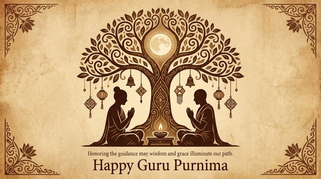 Happy Guru Purnima abstract vector artwork featuring silhouettes of a guru and shishya in a sacred posture under a Bodhi tree, glowing auras, and traditional Indian decorative ...