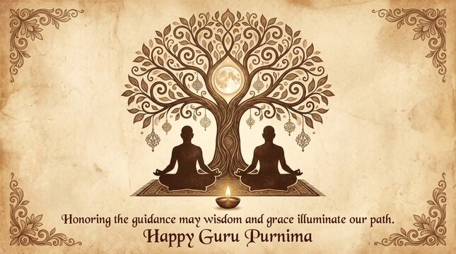 Happy Guru Purnima abstract vector artwork featuring silhouettes of a guru and shishya in a sacred posture under a Bodhi tree, glowing auras, and traditional Indian decorative ...