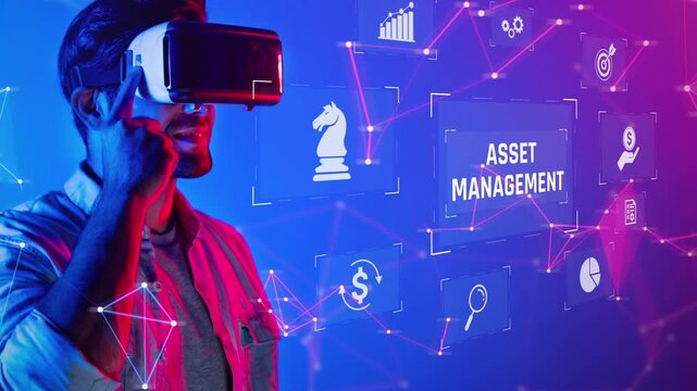 A man explores virtual reality technology while gaining insights for asset management. The digital landscape features various financial graphs and icons, symbolizing innovation and strategy. Raster