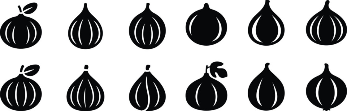 Set of fig icons and vector graphics with black and white hand drawn collection illustration isolated silhouette decoration delicious vitamins component