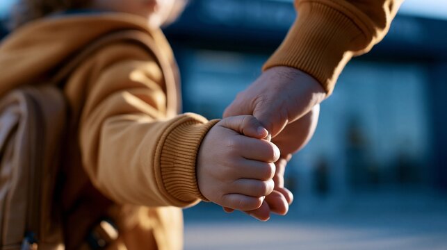 Eine gro&szlig;e Erwachsenenhand h&auml;lt z&auml;rtlich die kleine Hand eines Schulkindes bei der Einschulung.