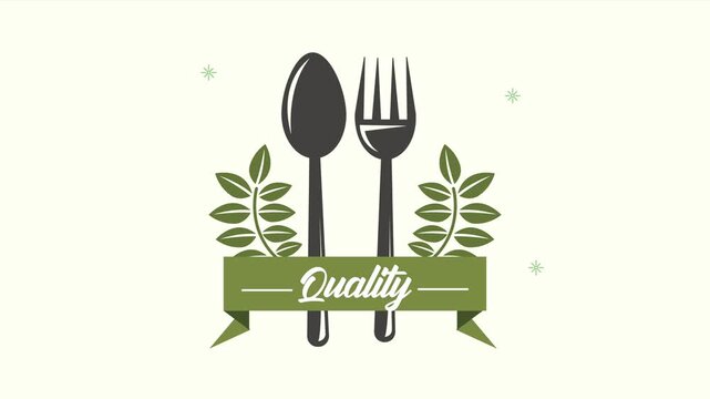 Animated graphic of cutlery with leaves and quality ribbon on a light background.