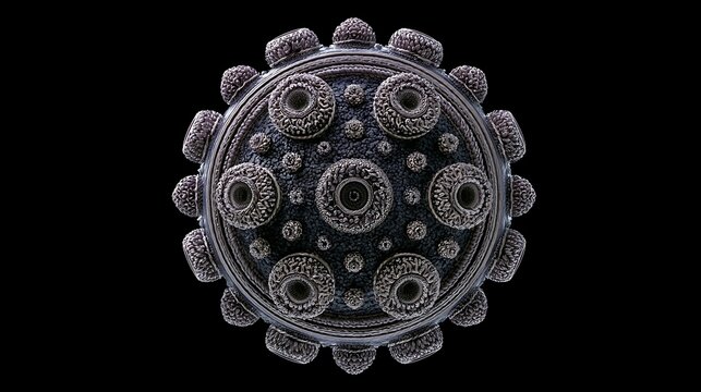 Abstract futuristic 3D sphere with complex fractal geometric patterns isolated on black background