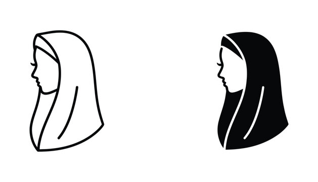 Side profile of woman wearing hijab icon set with outline and solid black silhouette for cultural and religious identity graphic design projects