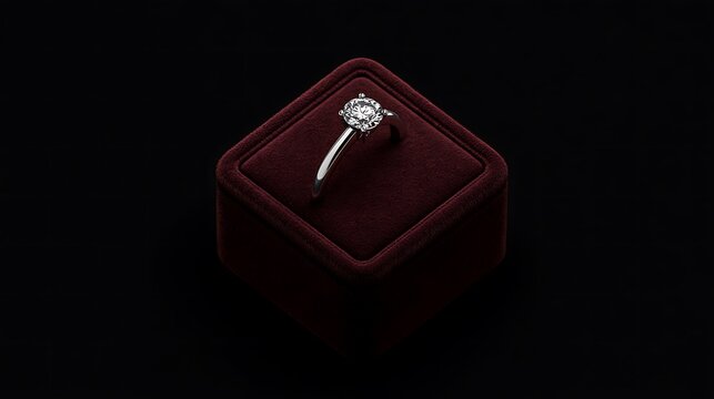 Diamond engagement ring in a dark red velvet jewelry box